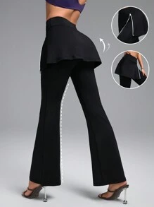 Innovista Quần thể thao ống loe cho nữ, quần váy 2 trong 1, quần bó co giãn bằng vải Spandex định hình, quần bó nâng mông kiểm soát bụng gợi cảm mùa thu, quần bó tập gym & tập luyện, lễ hội âm nhạc, tiệc tùng, quần nữ, quần thể thao trơn, quần đen, quần culottes, quần và váy, trang phục mùa thu cho phụ nữ - màu đen - Xem 4