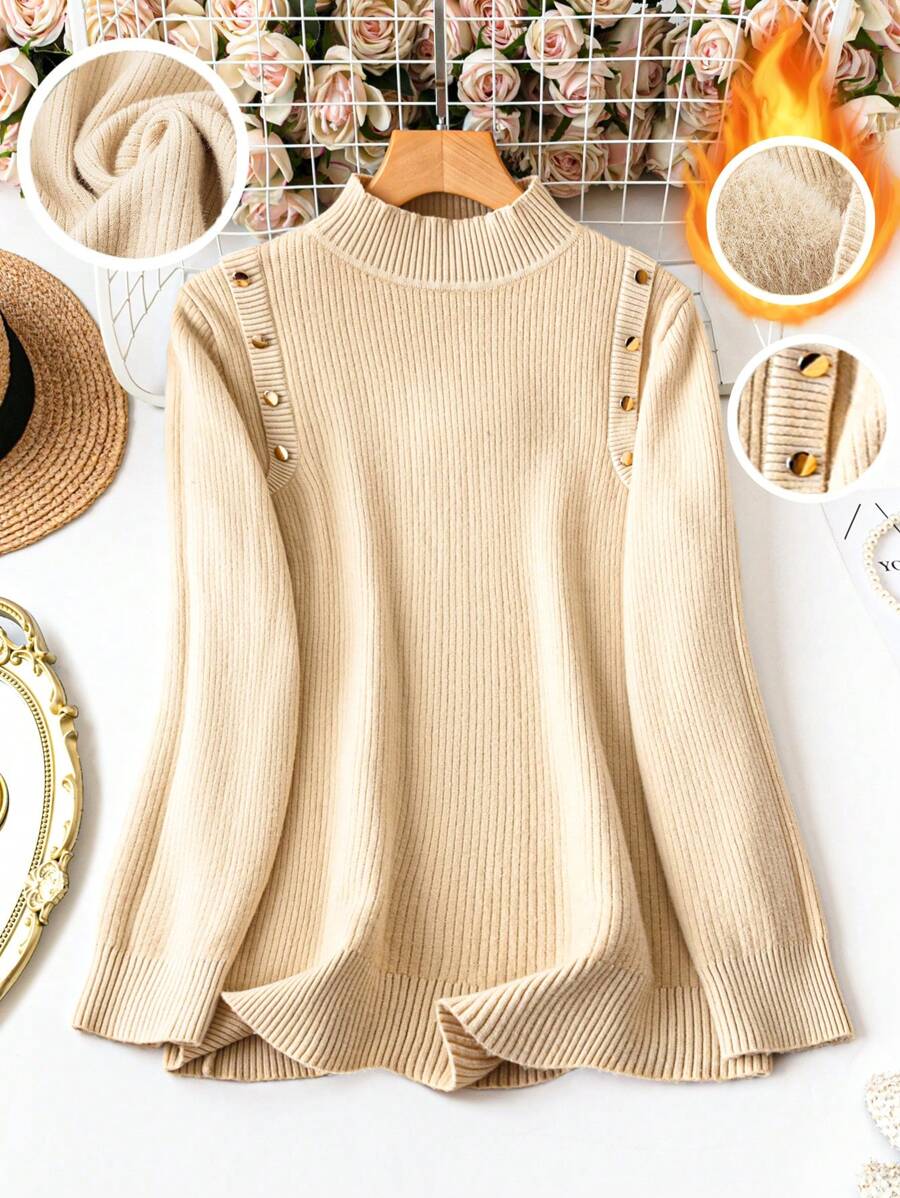 SHEIN LUNE Suéter grueso de cuello alto de unicolor talla grande, otoño/invierno - Albaricoque - Ver 1