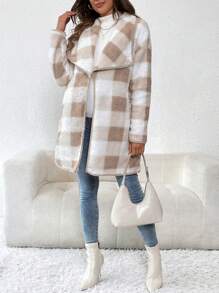 SHEIN Maternity Plaid Print Long Sleeve Jacket - Khaki - View 4