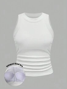 Chiquease Women Solid Color Pleated Round Neck Sleeveless Top For Summer - White - View 4