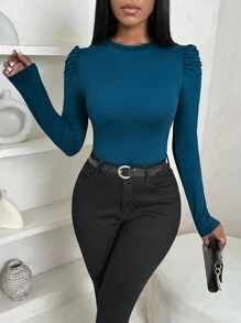 Zolique 女款圓領泡泡袖優雅休閒修身長袖T恤，秋冬服飾，辦公室穿搭下裝，青藍色 - 藍色 - 查看 3