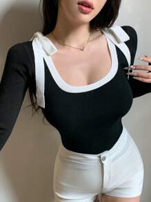 DAZY 女式拼色圆领套头毛衣，休闲优雅，适合秋冬季 - 黑與白 - 查看 7