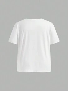 SHEIN EZwear 大码女式休闲简约万圣节女巫、猫、南瓜、蝙蝠印花紧身圆领短袖 T 恤，适合夏季 - 白色 - 查看 2