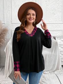 EMERY ROSE Plus Size Plaid Patchwork Front Button V-Neck Long Sleeve Casual Fall Blouse - Black - View 5