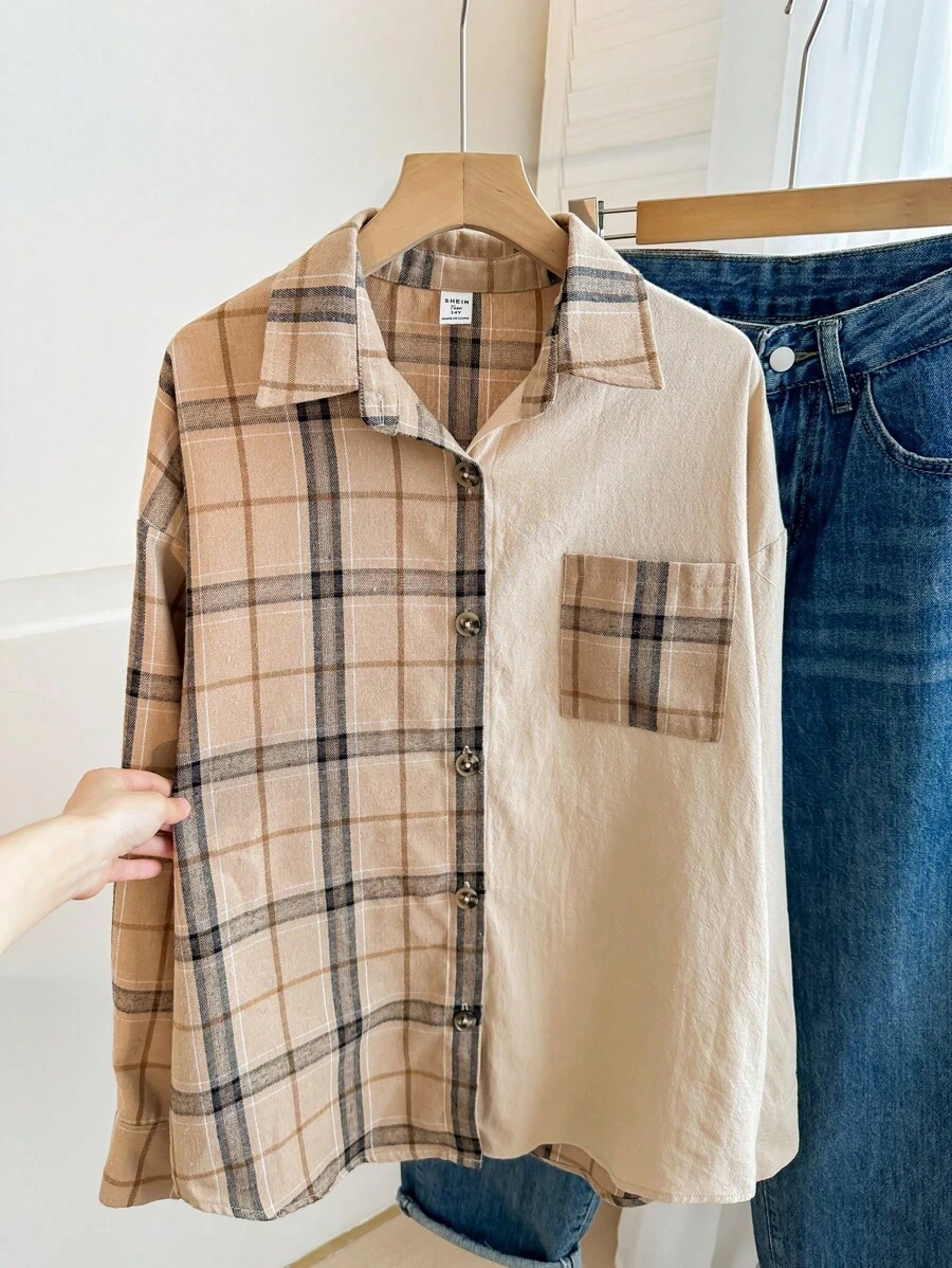 SHEIN Teen Girls Plaid Patchwork Colorblock Preppy Style Lightweight Jacket, Autumn Winter - Khaki - View 1