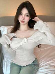 DAZY Women's Asymmetric Off-Shoulder Long Sleeve Floral Pattern Sweater,Fall Clothes Cute Tops - Beige - View 7