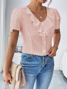 Chiquease Blusa con ribete de volantes y botones delanteros para uso diario - Rosa Pálido - Ver 5