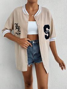 EURMUSE 100%Cotton Letter Graphic Striped Trim Drop Shoulder Baseball Jersey - Beige - View 1