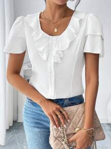 Chiquease Camisa para mujer unicolor con ribete de volantes, ropa casual de verano para el trabajo - Blanco - Ver 4