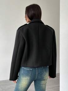 Flirla Women's Turn-Down Collar Long Sleeve Button Elegant Black Short Jacket - Black - View 2