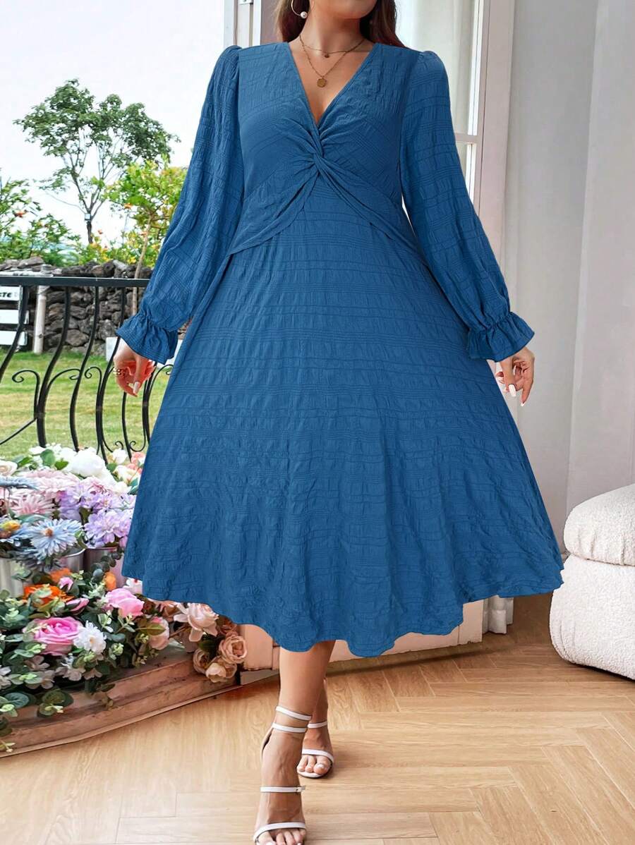 Flirla Plus Size Solid Color Long Sleeve Simple Knot Elegant Casual Dress - Dusty Blue - View 1