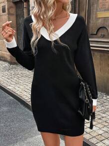 SHEIN LUNE 休闲简约黑色时尚街头风针织毛衣连衣裙，秋冬女士