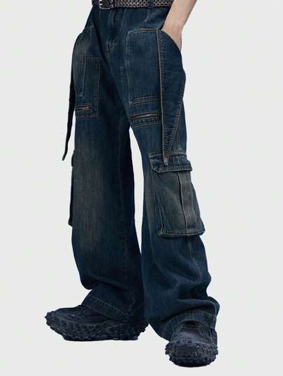 Jeans cargo utilitaires lavés et décontractés pour hommes, École