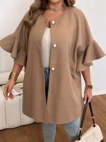 Flirla Plus Size Solid Color Ruffle Sleeve, Pearl Decor Button Coat, Autumn Winter - Khaki - View 3