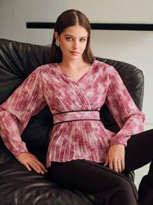 MOTF PREMIUM ALLOVER FLORAL PRINT SURPLICE NECK CONTRAST BINDING TIE BACK PLEATED PEPLUM TOP