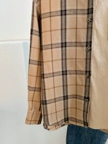SHEIN Teen Girls Plaid Patchwork Colorblock Preppy Style Lightweight Jacket, Autumn Winter - Khaki - View 3