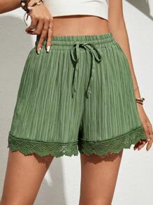 SHEIN VCAY Women's Solid Color Contrast Lace Belted Loose Shorts - Green - View 6