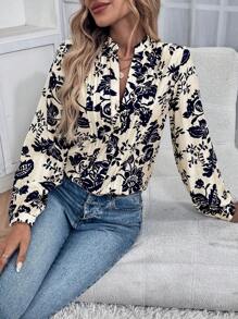 SHEIN LUNE 女士度假花卉印花 V 领灯笼袖宽松衬衫 - 藏蓝色 - 查看 6