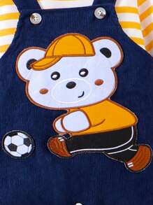 SHEIN Baby Boy Spring Autumn Casual Striped Long Sleeve Top And Penguin Patch Overall Pants Set - Yellow - View 5