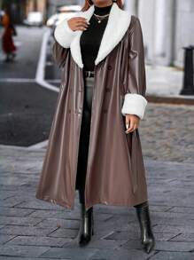 Flirla Plus Size Faux Leather Belted Jacket With Fur Collar And Pockets, Loose Fit - Coffee Brown - View 6