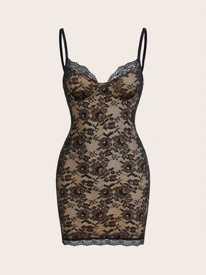 SHEIN ICON Women's Spaghetti Strap Lace Contrast Handmade 3D Flower Dress