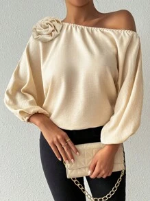 Chiquease Asymmetric Collar 3D Floral Batwing Long Sleeve Blouse - Apricot - View 1