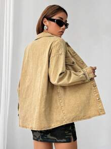 SHEIN EZwear Women's Spring And Autumn Khaki Distressed Textured Jacket, Casual Clothes