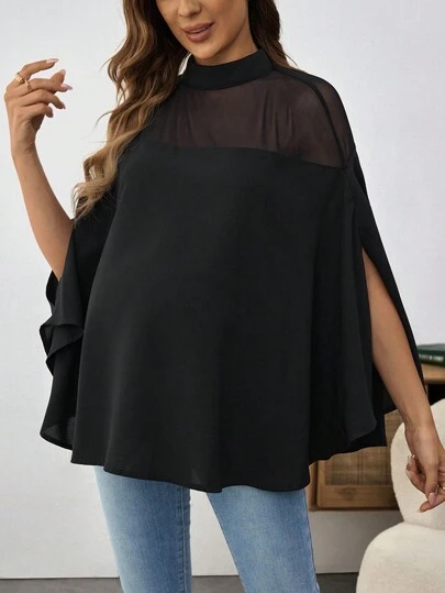 SHEIN 孕妇立领长袖开叉设计网眼时尚宽松优雅上衣