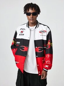 Manfinity VCAY Men's Simple Graphic Print Button-Up Long Sleeve Jacket, For Fall Winter - Red - View 1