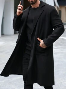 Manfinity Mode Áo khoác len dài tay hai hàng khuy màu trơn cho chồng, Áo khoác dài cho nam, Áo khoác dài màu đen cho nam, Áo khoác dài cho nam - màu đen - Xem 4