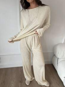 SHEIN Essnce 2 件装秋季新款休闲宽松喇叭阔腿裤女士套装 - 杏色 - 查看 1