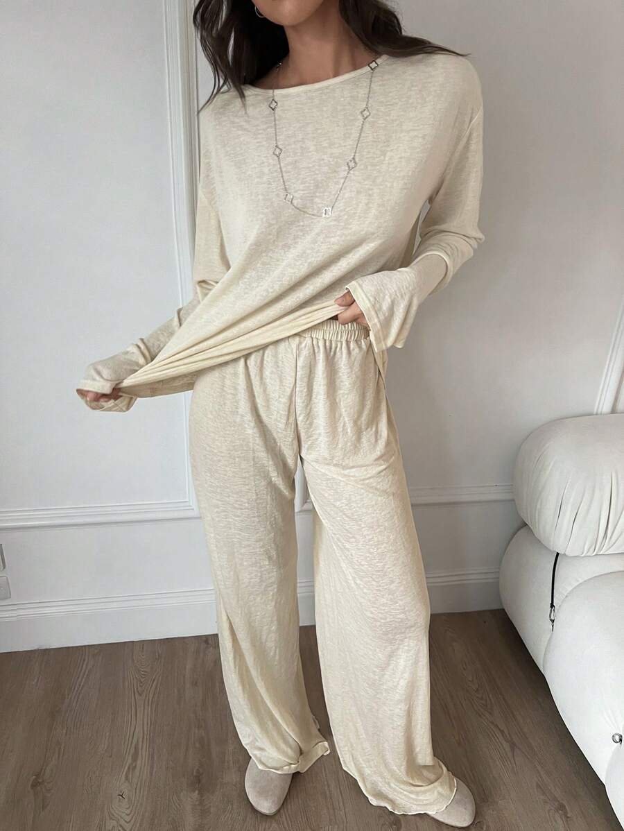 SHEIN Essnce 2 件装秋季新款休闲宽松喇叭阔腿裤女士套装 - 杏色 - 查看 1