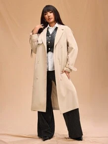 Forever 21 Plus Size Women's Fashionable Casual Trench Coat For Fall And Winter - Apricot - View 6