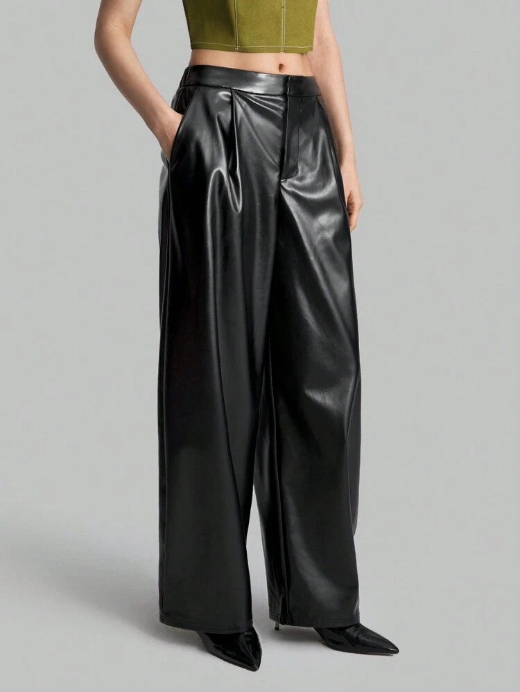 Black PU Fabric Extra Long Wide Leg Pants