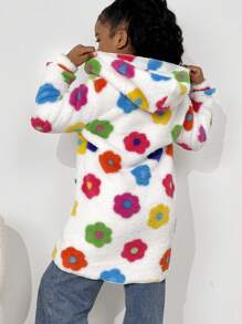 SHEIN Floral Print Reversible Fleece Hooded Jacket For Tween Girls