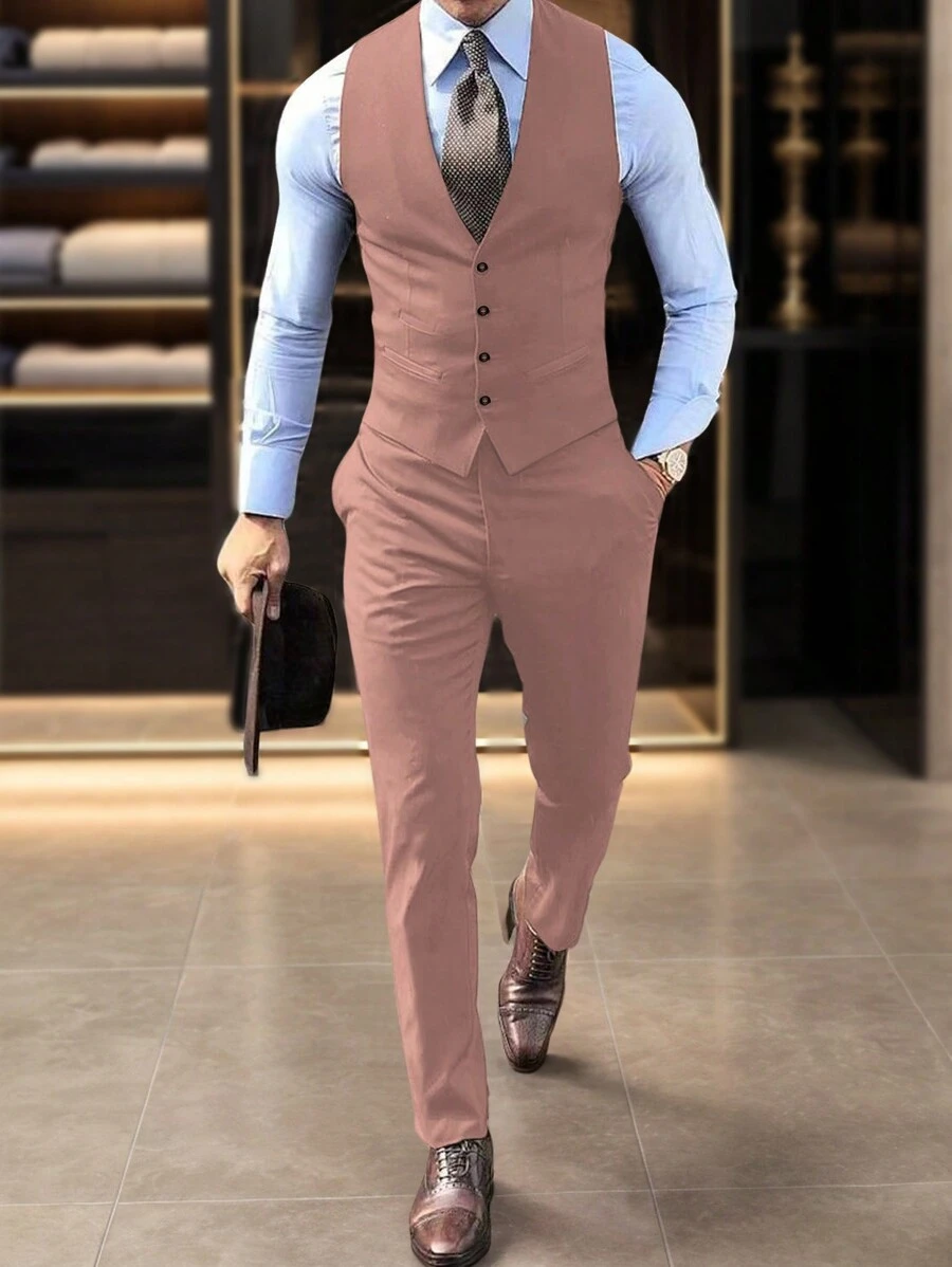 Manfinity Mode 男士純色雙排扣西裝背心和西裝褲套裝,附帶口袋 - 紅木色 - 查看 1
