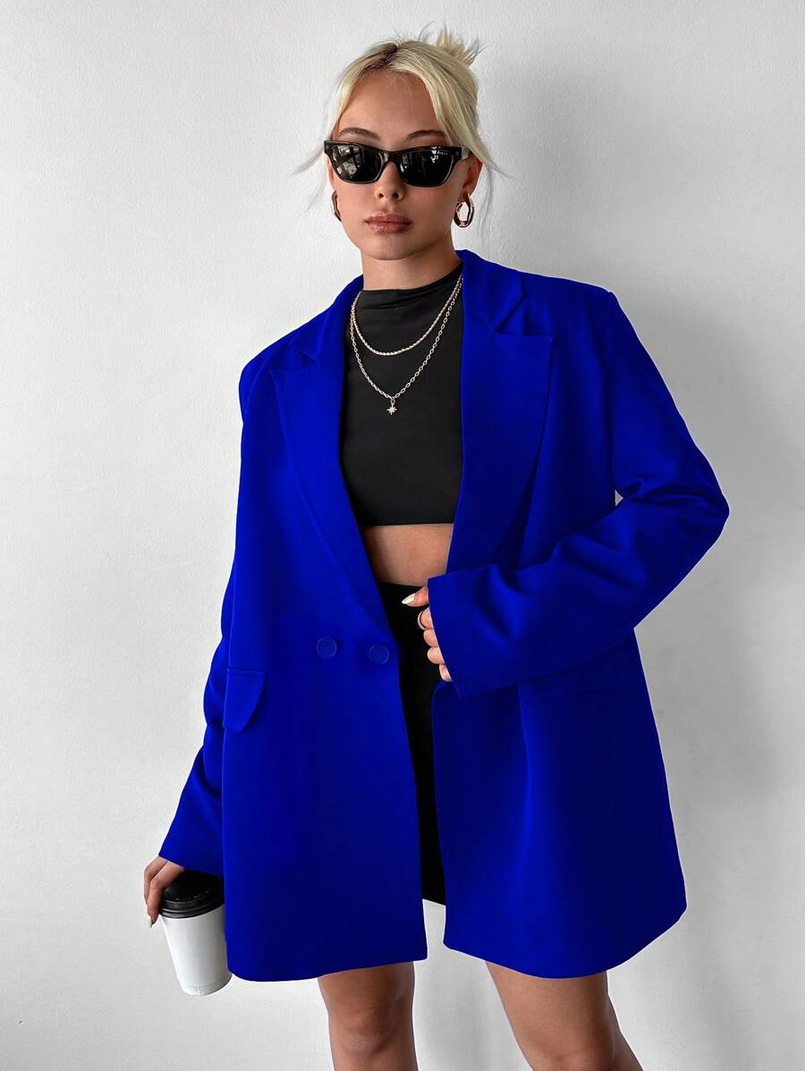 EURMUSE Double Breasted Lapel Collar Suit Jacket - Royal Blue - View 1