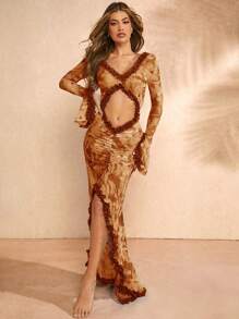 Hauture Vestido de verano con volantes, recortes y dobladillo con volantes con estampado floral