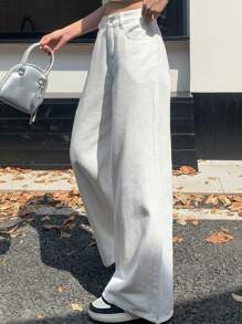 DAZY 女士纯色白色简约休闲宽松直筒牛仔裤
