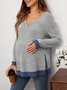 SHEIN Gravid stickad V-hals för gravida, rynkad långärmad T-shirt-tröja med blommönster - Grå - Visa 3