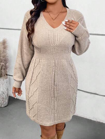 SHEIN LUNE Plus Size V-Neck Cinched Waist Sweater Dressbusiness Casual Woman,Holiday Outfits,Country Tops