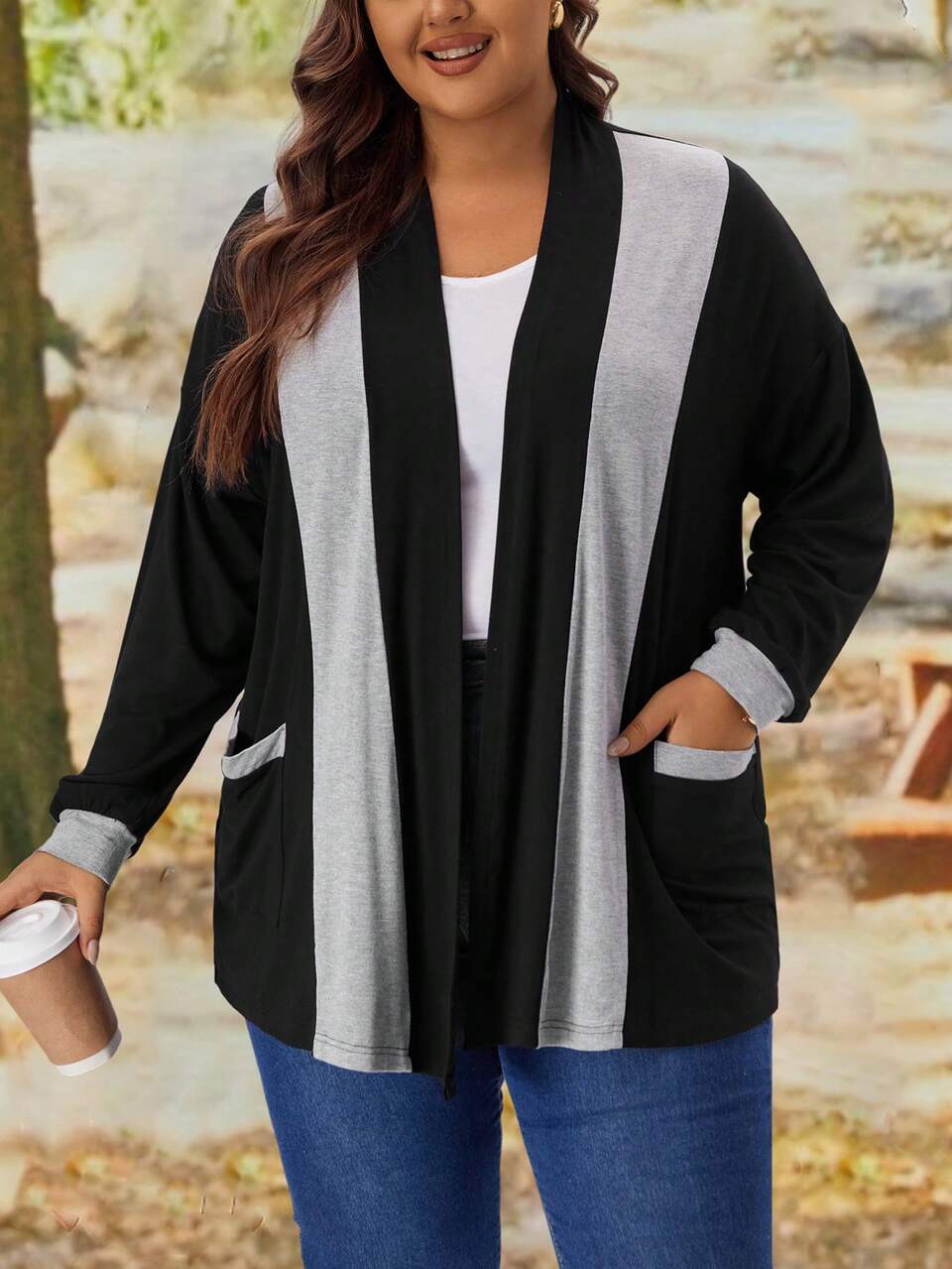 Plus Size Long Sleeve Striped Color Block Casual Cardigan Fall Jacket