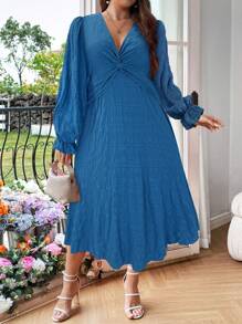 Flirla Plus Size Solid Color Long Sleeve Simple Knot Elegant Casual Dress - Dusty Blue - View 3