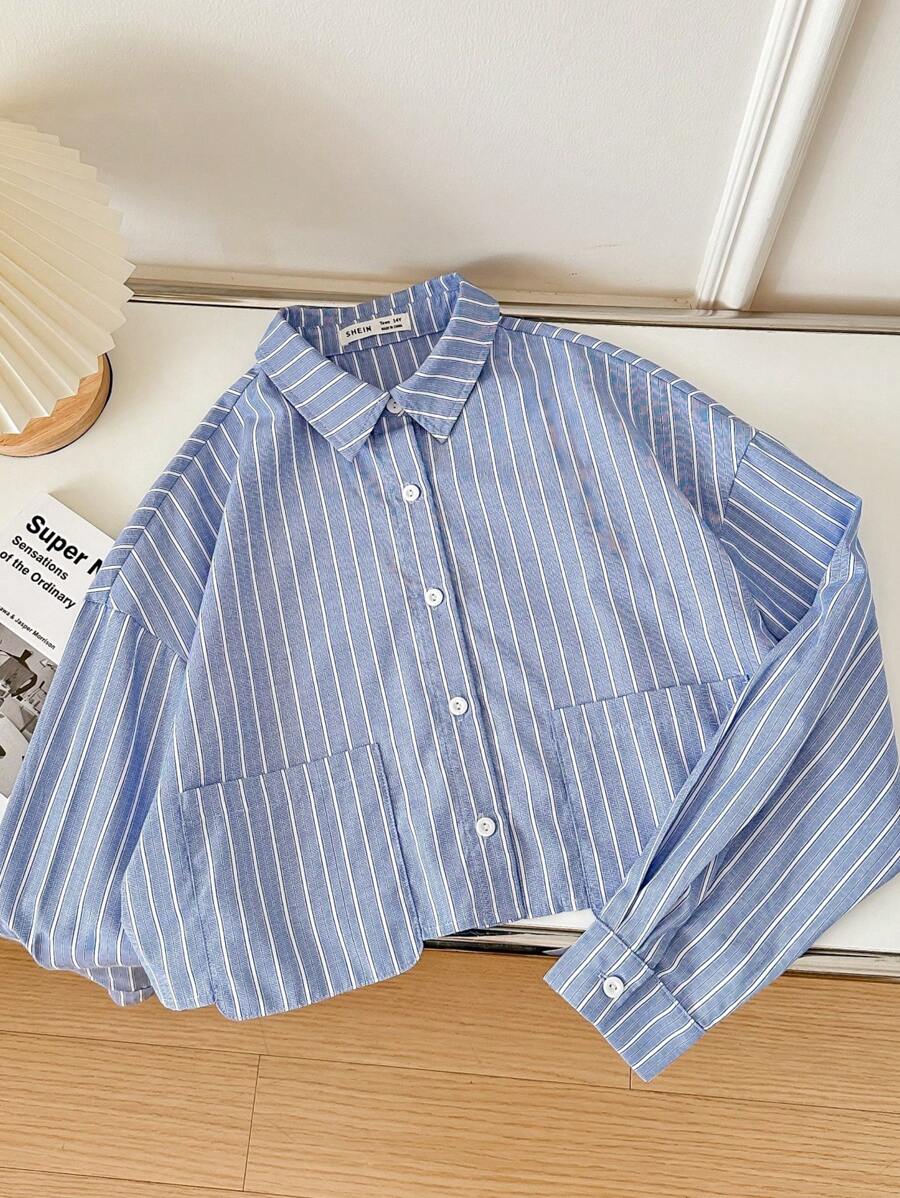 SHEIN 适合学校/校园穿着的少女蓝白条纹编织领长袖衬衫 - 藍白色 - 查看 1