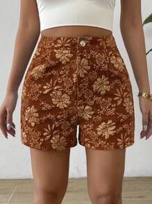 SHEIN Unity Shorts casuales elegantes con estampado floral jacquard y corte al azar marrón para damas - Marrón - Ver 5