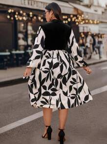 SHEIN VCAY Plus Size Women's Black Autumn Elegant Formal Evening Wedding Velvet Long Sleeve Dress,Printed Patchwork A-Line Casual Soft Stand Collar Long Dress - Multicolor - View 3
