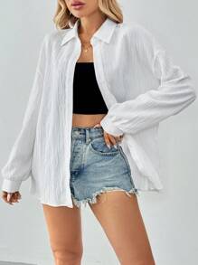 SHEIN Tall Linen Work Blouse Old Fashion Solid Color Long Sleeve Shirt