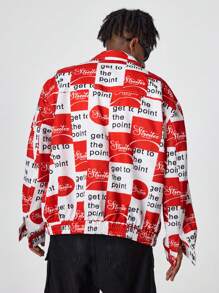 Manfinity VCAY Áo khoác nam tay dài cài nút họa tiết chữ và kẻ caro thời trang dạo phố, dành cho mùa thu đông - Đỏ - Xem 3