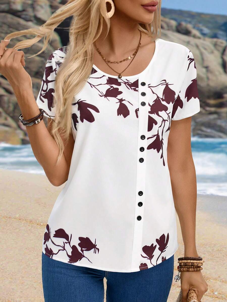 EMERY ROSE Áo sơ mi nữ tay ngắn cổ tròn cài nút in hoa thông thường, mùa hè - Đỏ - Xem 1