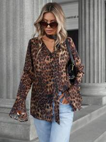 Aveloria Modichic 女士时尚随意豹纹喇叭袖透明衬衫 - 彩色 - 查看 1